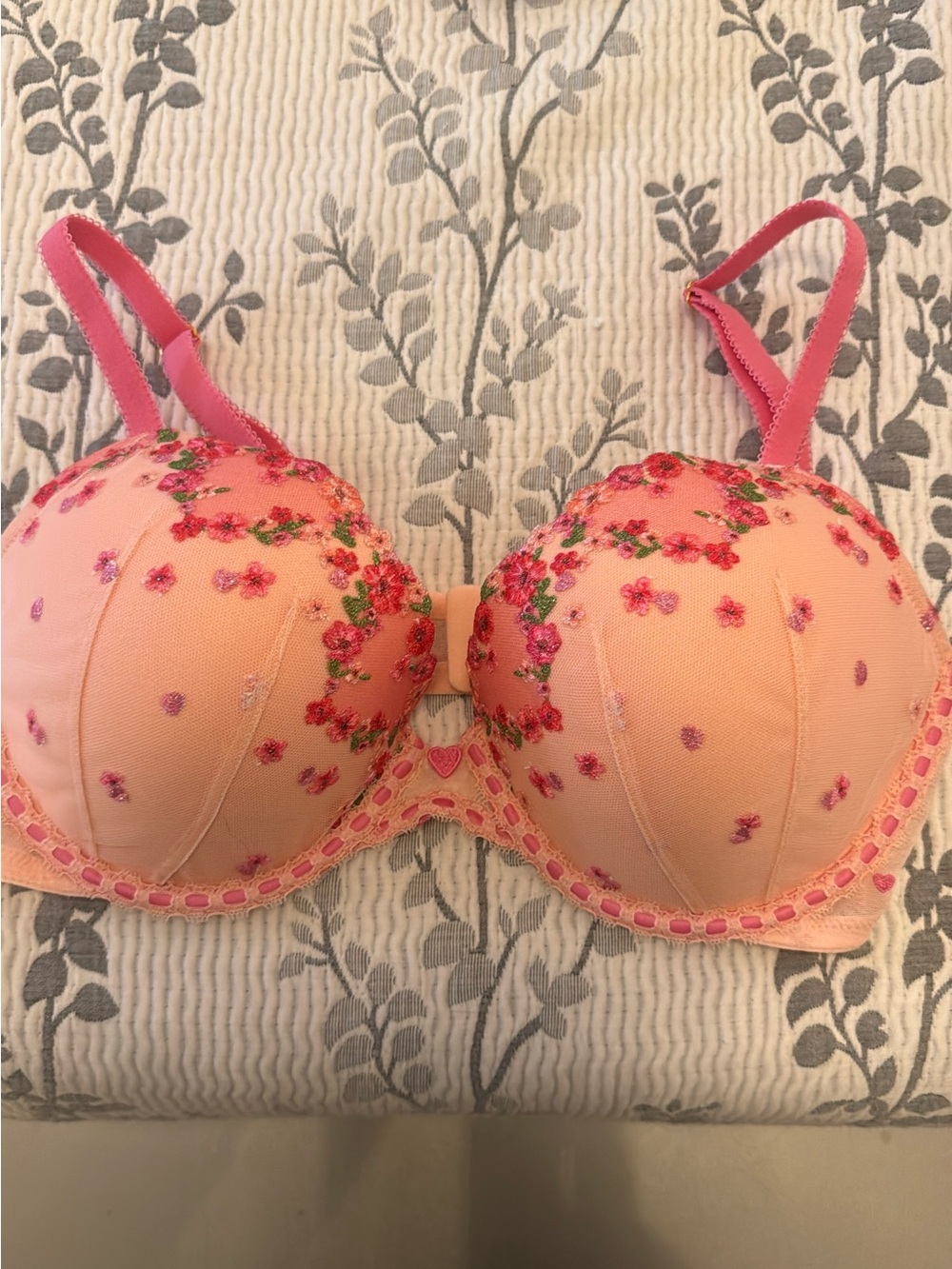 Victoria's Secret Peach Bra with Pink Floral Embroidery